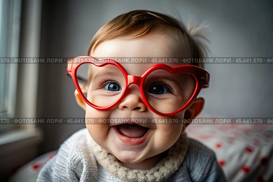 A cute little girl in stylish red heart-shaped glasses, having fun celebrating Valentine's Day. Стоковое AI-изображение, AI-художник Photojuli / Фотобанк Лори
