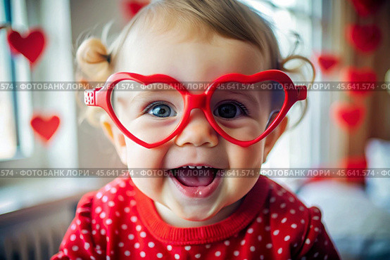 A cute little girl in stylish red heart-shaped glasses, having fun celebrating Valentine's Day. Стоковое AI-изображение, AI-художник Photojuli / Фотобанк Лори