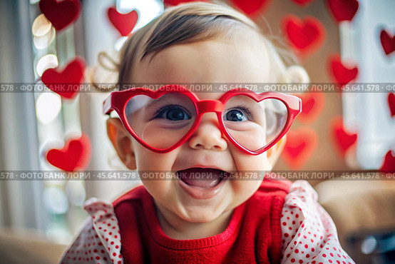 A cute little girl in stylish red heart-shaped glasses, having fun celebrating Valentine's Day. Стоковое AI-изображение, AI-художник Photojuli / Фотобанк Лори