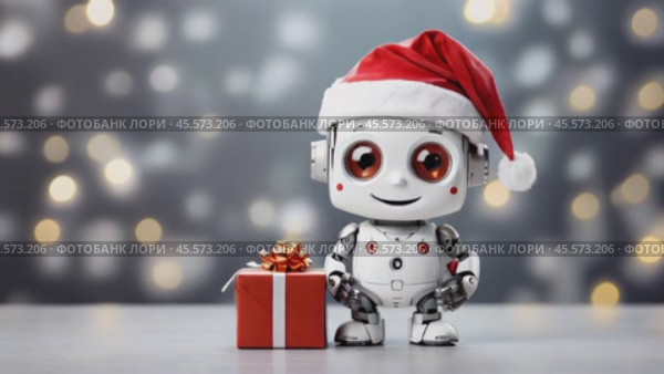 A cute little Santa robot who smiles against the background. The concept of New Year and Christmas. Стоковое AI-видео, аниматор Терехова Марина / Фотобанк Лори