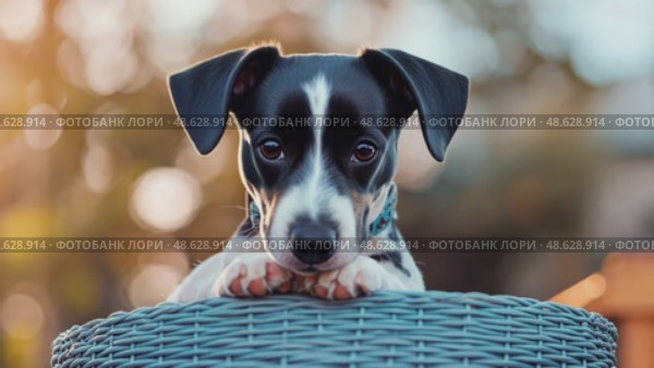 A cute puppy sits in a basket, gazing sweetly with innocent eyes in a charming outdoor portrait. Стоковое AI-видео, аниматор Данила Большаков / Фотобанк Лори