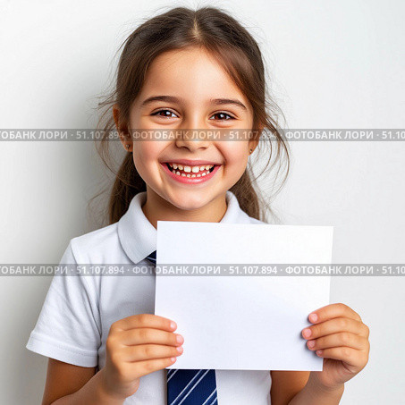 A cute smiling girl in a school uniform is holding a blank sheet of paper. White background. Стоковое AI-изображение, AI-художник Ирина Гильмуллина / Фотобанк Лори