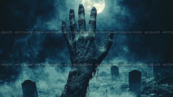 A decayed hand emerges from the soil of a graveyard, silhouetted against a bright full moon in a chilling nighttime setting. Стоковое AI-изображение, AI-художник Данила Большаков / Фотобанк Лори