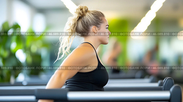 A dedicated athlete engages in stretching exercises in a bright and lively gym atmosphere. Стоковое AI-изображение, AI-художник Елена Старчак / Фотобанк Лори