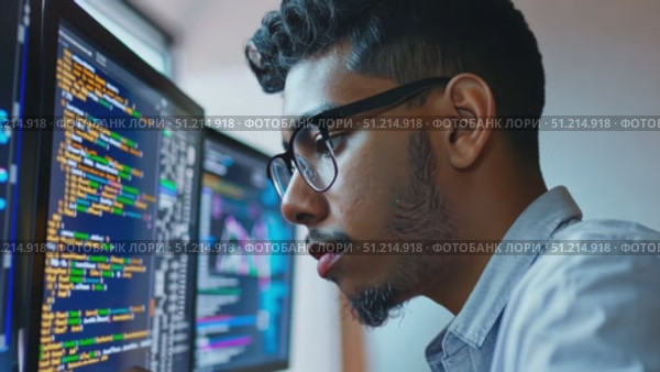 A dedicated programmer works on complex coding tasks while analyzing data on dual monitors in a contemporary office setting. Стоковое AI-видео, аниматор Данила Большаков / Фотобанк Лори