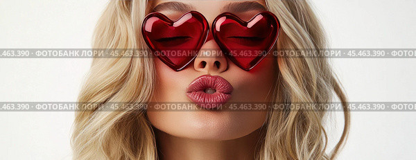 A delicate blonde with a beautiful, refined appearance. Her gaze is full of light and a touch of mystery. Vivid crimson lips complete the look, drawing attention. Red heart-shaped glasses add a playful and romantic touch. Стоковое AI-изображение, AI-художник Ярославский Максим / Фотобанк Лори