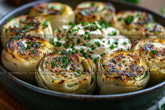 A delicious dish of baked or fried artichoke, cut into large pieces and beautifully arranged in a circle in a ceramic bowl. The center of the dish is a creamy dressing or sauce (possibly based on yogurt or sour cream), decorated with herbs and spices. The artichoke leaves are browned until golden, generously sprinkled with fresh herbs - probably parsley. The overall atmosphere of the image is coziness, home gastronomy and health. Such a dish can be imagined as part of a vegetarian or Mediterranean lunch. Стоковое AI-изображение, AI-художник Анна Кривицкая / Фотобанк Лори