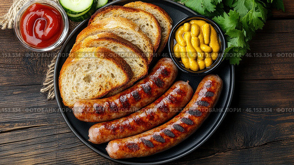 A delicious dish of grilled sausages served with toasted bread slices, mustard and ketchup. The sausages have a crispy crust with characteristic grill stripes, and the bread looks crispy and golden. The garnish is complemented by fresh cucumber slices and herbs, which makes the dish even more attractive. All this is served on a black plate, which stands on a wooden table.The dish has a traditional European style of serving, typical of German, Czech or Eastern European cuisine, which makes it ideal for picnics, barbecues or a cozy home dinner. Стоковое AI-изображение, AI-художник Анна Кривицкая / Фотобанк Лори