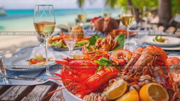 A delicious seafood meal enjoyed on a tropical beach with crystal clear water. Стоковое AI-видео, аниматор Данила Большаков / Фотобанк Лори
