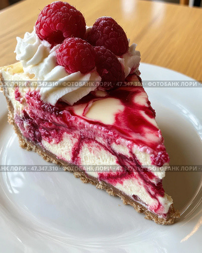 A delicious slice of raspberry cheesecake on a white plate. The base is shortcrust pastry, and the cake itself consists of a delicate creamy mass with bright raspberry veins. The top is decorated with fresh raspberries and caps of whipped cream. The contrast of white and rich berry shades gives the dessert visual expressiveness and emphasizes its freshness and sweetness. This delicacy seems to be created for a cozy tea party or a festive dessert. Стоковое AI-изображение, AI-художник Анна Кривицкая / Фотобанк Лори
