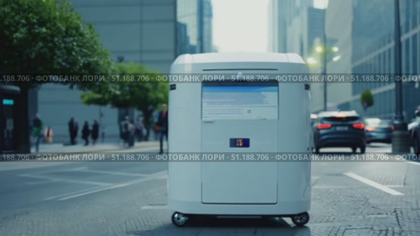A delivery robot moves along a bustling city street, demonstrating modern technology and efficiency while people and vehicles surround it. Стоковое AI-видео, аниматор Данила Большаков / Фотобанк Лори