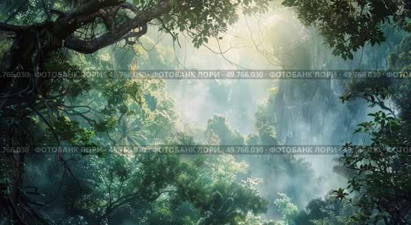 A dense forest filled with lush green trees, creating a vibrant and thriving ecosystem in nature.. Dense Green Forest With Abundant Trees. Стоковое фото, агентство Ingram Publishing / Фотобанк Лори