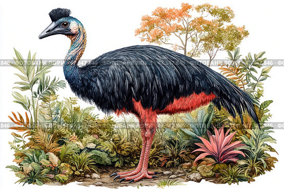 A detailed and vivid illustration of a cassowary, a large flightless bird, standing among tropical vegetation. The cassowary is depicted in profile: its massive body is covered in dark, almost black feathers, the lower part is with a rich red tint. The neck and head are painted in bright blue-blue and yellow-pink tones, decorated with a characteristic helmet and bare areas of skin. Around is a variety of tropical flora: ferns, shrubs, broad leaves and flowers, which gives the scene a rich and exotic atmosphere. The work is done in the style of scientific botanical and zoological illustration. Стоковое AI-изображение, AI-художник Анна Кривицкая / Фотобанк Лори