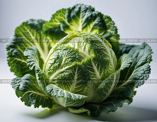 A detailed close-up of a fresh savoy cabbage shows the intricate patterns of its leaves, veined textures. Savoy cabbage Brassica oleracea L convar capitata var sabauda is vegetable crop. Generated AI. Стоковое AI-изображение, AI-художник Юлия Петровская / Фотобанк Лори