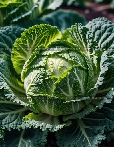 A detailed close-up of a fresh savoy cabbage shows the intricate patterns of its leaves, veined textures. Savoy cabbage Brassica oleracea L convar capitata var sabauda is vegetable crop. Generated AI. Стоковое AI-изображение, AI-художник Юлия Петровская / Фотобанк Лори