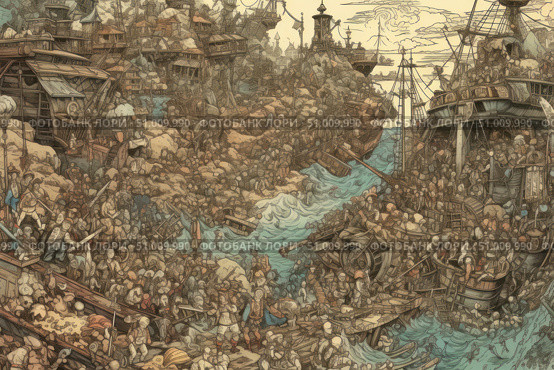 A detailed fantasy illustration depicting a densely populated coastal town, full of characters, ships, houses and elements of medieval life. The work is reminiscent of old engravings or scenes from travelogues. The depth of the composition and the huge number of small details create the effect of a living, chaotic world. Suitable for book covers, board games, posters, fantasy projects and art books. Стоковое AI-изображение, AI-художник Анна Кривицкая / Фотобанк Лори