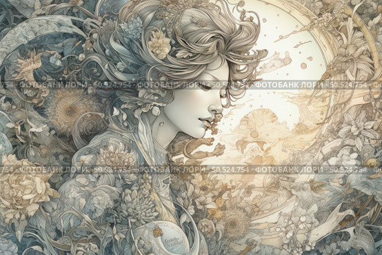 A detailed fantasy illustration depicting a female profile surrounded by dense swirls of plants, flowers and organic forms. The heroine's hair intertwines with petals and shoots, forming a living wreath in which the line between nature and man is lost. The color palette is soft and muted, with a predominance of beige, blue-gray and golden tones. The atmosphere of the image is poetic, refined and filled with symbolism. Suitable for themes of nature, inner world, fantasy, botany, femininity and art decor. Стоковое AI-изображение, AI-художник Анна Кривицкая / Фотобанк Лори