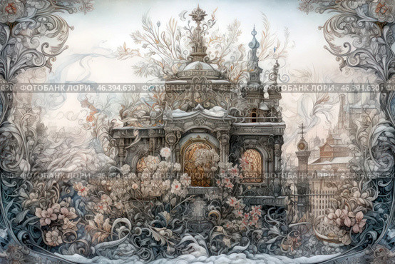 A detailed illustration with an architectural motif. The foreground shows a building covered in snow and ice patterns, surrounded by plants and flowers. Intricate floral and plant designs branch out around the building, and elements of the cityscape are visible at the top of the painting. The colors of the painting are cool, with grays, blues and whites predominating, creating a wintery atmosphere. Стоковое AI-изображение, AI-художник Анна Кривицкая / Фотобанк Лори