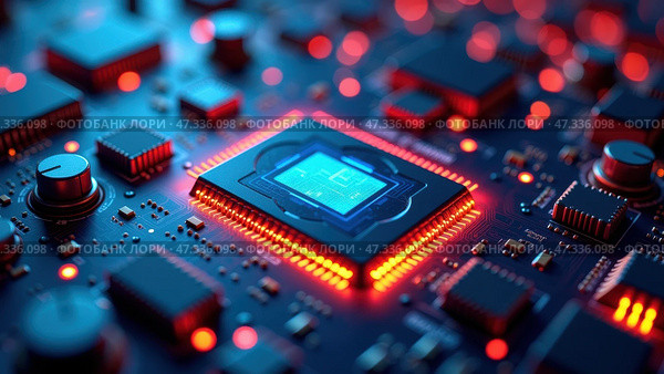 A detailed look at a contemporary computer chipset illuminated by red lights, surrounded by various components on a circuit board, showcasing advanced technology. Стоковое AI-изображение, AI-художник Sergey Grishin / Фотобанк Лори