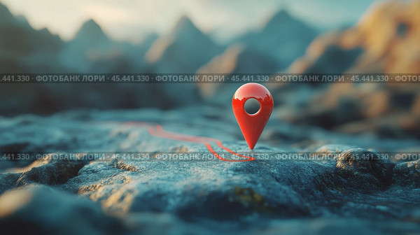 A detailed map with a prominent location marker set against a textured mountain landscape. Стоковое AI-изображение, AI-художник Юлия Гапеенко / Фотобанк Лори