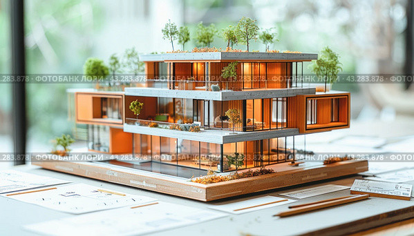 A detailed miniature replica of a house featuring a roof covered with trees is showcased on a table. Стоковое AI-изображение, AI-художник Юрий Поздников / Фотобанк Лори