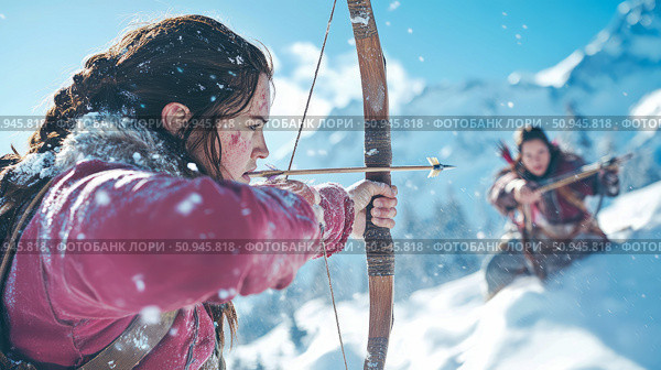 A determined archer in a snowy mountain landscape, ready to shoot an arrow with another archer in the background, showcasing a scene of adventure and resilience. Стоковое AI-изображение, AI-художник Данила Большаков / Фотобанк Лори