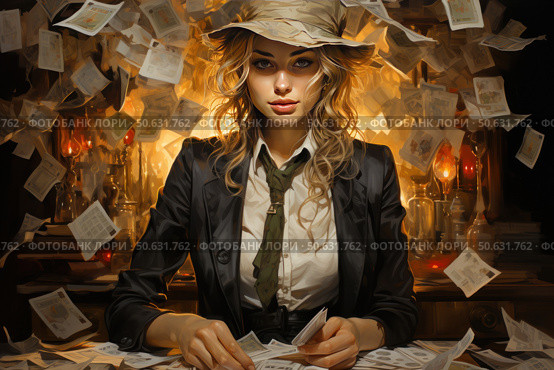 A digital illustration in a cinematic style depicting a young woman as a journalist or detective from the 1930s. She is seated at a desk surrounded by flying pages, as if caught in a whirlpool of information or investigation. She is wearing a classic white shirt, dark jacket, green tie and a soft fedora. The warm light of the lamps and the vintage setting of the lab or office create an atmosphere of mystery, drama and tension. Perfect for journalism, retro style, investigation, crime and creativity themes. Стоковое AI-изображение, AI-художник Анна Кривицкая / Фотобанк Лори
