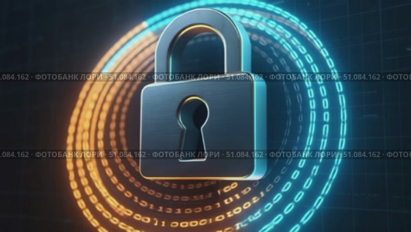 A digital padlock surrounded by a circular pattern of binary code. The padlock is metallic with a shiny finish, symbolizing cybersecurity and data protection. Стоковое AI-видео, аниматор Nart / Фотобанк Лори