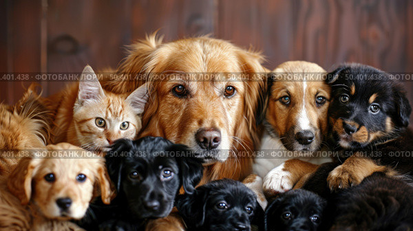 A diverse group of dogs and cats sitting side by side in a friendly manner, displaying peaceful coexistence and harmony. Стоковое AI-изображение, AI-художник Данила Большаков / Фотобанк Лори