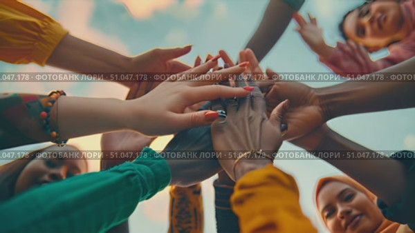 A diverse group of individuals coming together to form a circle and interlock their hands as a symbol of unity and teamwork. Стоковое AI-видео, аниматор Данила Большаков / Фотобанк Лори