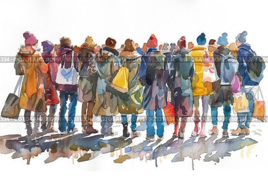A diverse group of individuals standing closely together in a unified pose. Стоковое AI-изображение, AI-художник Данила Большаков / Фотобанк Лори