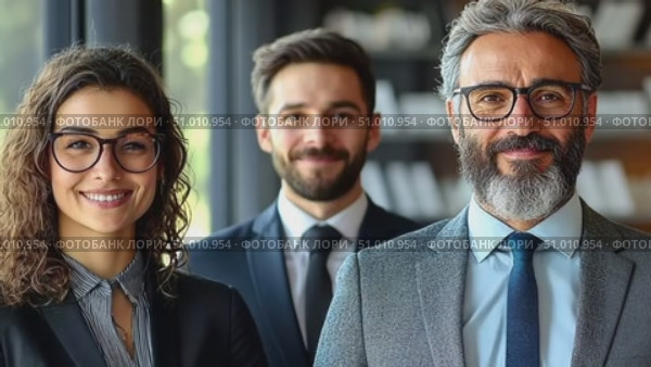 A diverse group of three professionals stands together in an office, displaying teamwork and confidence while engaging in a collaborative atmosphere. Стоковое AI-видео, аниматор Данила Большаков / Фотобанк Лори