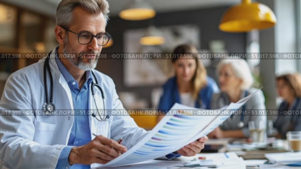 A doctor examines patient charts while a group of engaged medical staff observe in a contemporary clinic setting during a productive afternoon. Стоковое AI-видео, аниматор Данила Большаков / Фотобанк Лори