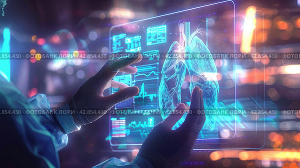 A doctor in a medical uniform demonstrating a three-dimensional holographic model of human lungs. Various icons and symbols related to medical topics are visible around the lung model. The doctor is in a clinical environment, probably an operating room or intensive care unit, with medical equipment around. This image suggests the use of advanced technologies in medicine, such as augmented reality for training, diagnosis or surgical planning. Стоковое AI-изображение, AI-художник Анна Кривицкая / Фотобанк Лори