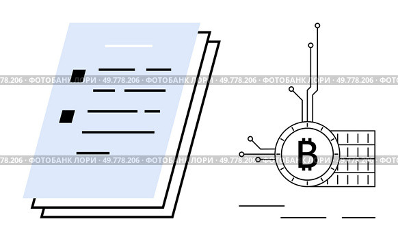 A document stack beside a Bitcoin symbol integrated with circuit lines. Ideal for blockchain, cryptocurrencies, digital finance, technology innovation, data management. Simple clean style. Digital Ledger Concept with Bitcoin Symbol and Document Stack. Стоковая иллюстрация, агентство Ingram Publishing / Фотобанк Лори
