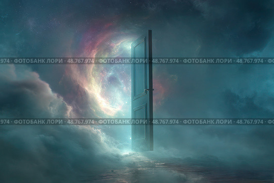 A door is shown in a painting of a cloudy sky. Стоковое фото, фотограф Ярославский Максим / Фотобанк Лори