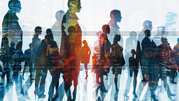 A double exposition covering a full-length group of business people and the night silhouettes of a city with skyscrapers. Стоковое AI-изображение, AI-художник Ярославский Максим / Фотобанк Лори