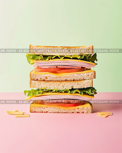 A double fresh sandwich on a pastel background. The concept of freshness. Стоковое AI-изображение, AI-художник Ярославский Максим / Фотобанк Лори