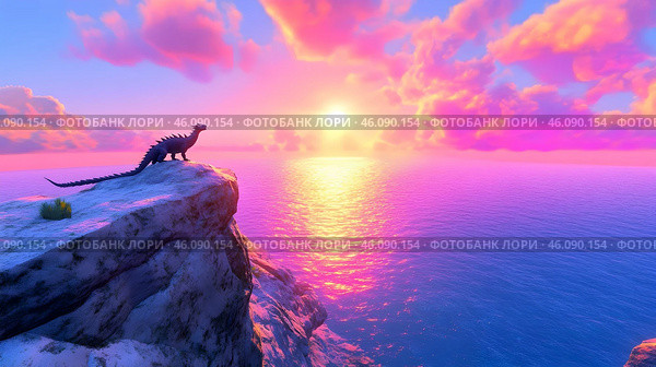 A dragon stands proudly on a cliff, watching the sun dip below the horizon, illuminating the sky. Стоковое AI-изображение, AI-художник Елена Старчак / Фотобанк Лори