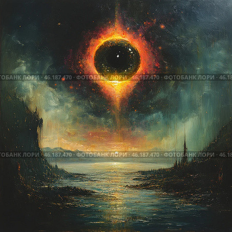 A dramatic and mystical landscape in which a solar eclipse takes center stage. A bright, fiery ring surrounds the black sun, which stands out against the dark sky. Below, the water surface is depicted, reflecting this unusual phenomenon. To the left and right of the sun is a mountainous area, which is surrounded by darkness and fog. There is an element of anxiety and mystery in the painting, and the light from the eclipse adds bright, hot colors. Стоковое AI-изображение, AI-художник Анна Кривицкая / Фотобанк Лори