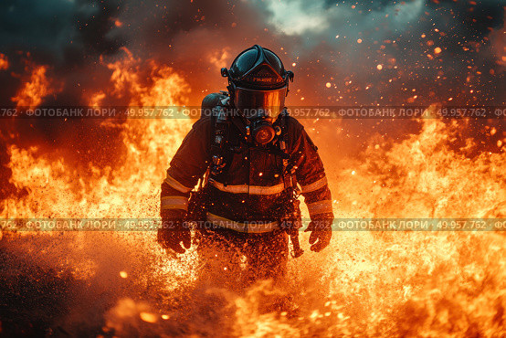 A dramatic and powerful image of a professional firefighter in full gear walking through raging flames. The bright orange flames engulf the entire scene, highlighting the danger and heroism of the moment. The rescuer is wearing a fire-resistant suit, helmet and oxygen mask, demonstrating determination and readiness to fight the emergency. The flaming environment and dark sky in the background create a tense, almost cinematic atmosphere. Ideal for themes of safety, heroism, professions, rescue operations, disasters and firefighting. Стоковое AI-изображение, AI-художник Анна Кривицкая / Фотобанк Лори