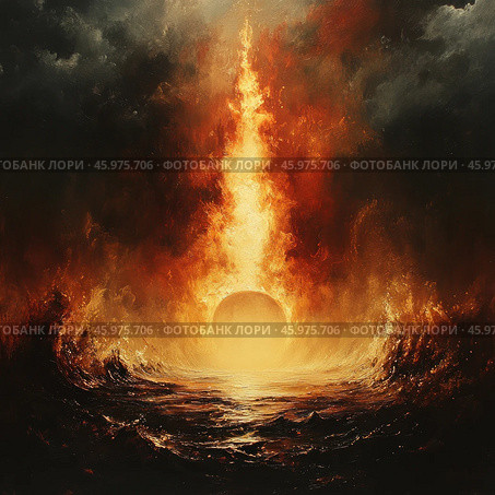 A dramatic landscape where a brightly burning fire rises like a pillar above a stormy sea. The sun disk or other round object appears to be submerged in the water, illuminating the surrounding environment with a powerful light. The sky is covered with thunderclouds, contrasting with the bright colors of the fire. The painting conveys the power of the elements and creates an atmosphere of apocalypse or catharsis. Стоковое AI-изображение, AI-художник Анна Кривицкая / Фотобанк Лори