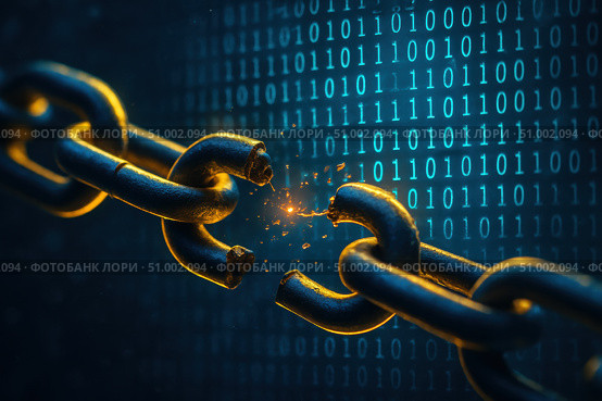 A Dramatic Representation of a Broken Chain Link Amidst a Digital Rain of Binary Code, Symbolizing Vulnerabilities in Cybersecurity and Data Protection. Стоковое AI-изображение, AI-художник Башкирова Анна / Фотобанк Лори
