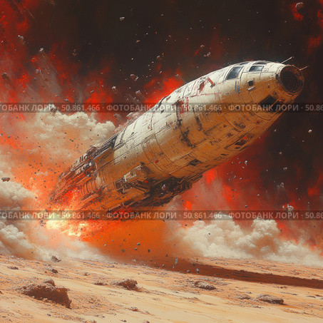 A dramatic scene of a spaceship entering a planet's atmosphere or falling to the surface, surrounded by flames and explosions. The atmosphere of tension, danger and a large-scale event, emphasized by bright red and orange lights against a background of space and dust. A science fiction style illustration with detailed elaboration of the ship's hull and a dynamic effect of movement. Стоковое AI-изображение, AI-художник Анна Кривицкая / Фотобанк Лори