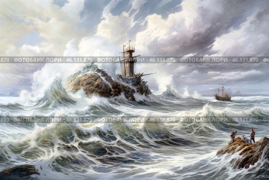 A dramatic seascape in the style of classical painting, depicting a raging ocean and a majestic lighthouse perched on a rocky outcrop. Huge white-capped waves crash against the rocks, creating a sense of the power of nature. The sky is filled with dramatic clouds, which highlight the dynamics of the storm. In the distance, a sailing vessel can be seen struggling against the fury of the elements, and in the foreground, several people watch the action, perhaps sailors escaping from a shipwreck. The painting conveys the spirit of adventure, survival, and man's struggle against the elements. Стоковое AI-изображение, AI-художник Анна Кривицкая / Фотобанк Лори