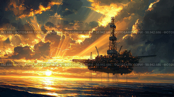 A Dramatic Sunset Over An Offshore Oil Rig Enveloped by the Serene and Tranquil Vast Ocean Waters Nearby. Стоковое AI-изображение, AI-художник Anastasy Yarmolovich / Фотобанк Лори