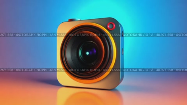 A duotone 3D camera icon with reflective lens, angled for depth, placed on a gradient sunset-colored backdrop. Стоковое AI-видео, аниматор Sergey Grishin / Фотобанк Лори