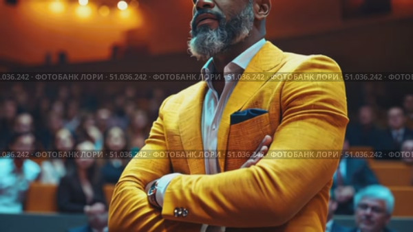 A dynamic speaker commands attention in a stylish yellow suit while engaging an enthusiastic audience in a corporate setting. Стоковое AI-видео, аниматор Данила Большаков / Фотобанк Лори