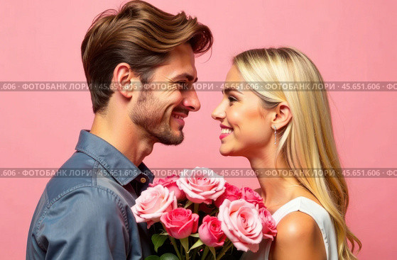 A European guy with a model appearance gives a bouquet of flowers to a European girl, blonde hair, they look into each other's eyes with warmth and smile. Стоковое AI-изображение, AI-художник Владислав Тригуб / Фотобанк Лори