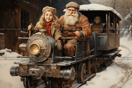 A fairytale winter scene featuring an elderly bearded man and a young smiling girl operating a vintage steam locomotive in a snowy forest. The atmosphere is warm despite the frost - the image evokes associations with Christmas stories, family traditions, the spirit of adventure and retro romance. The illustration is done in a realistic artistic style reminiscent of old paintings or Christmas cards. Ideal for holiday publications, retro themes, fairy tales and winter stories. Стоковое AI-изображение, AI-художник Анна Кривицкая / Фотобанк Лори